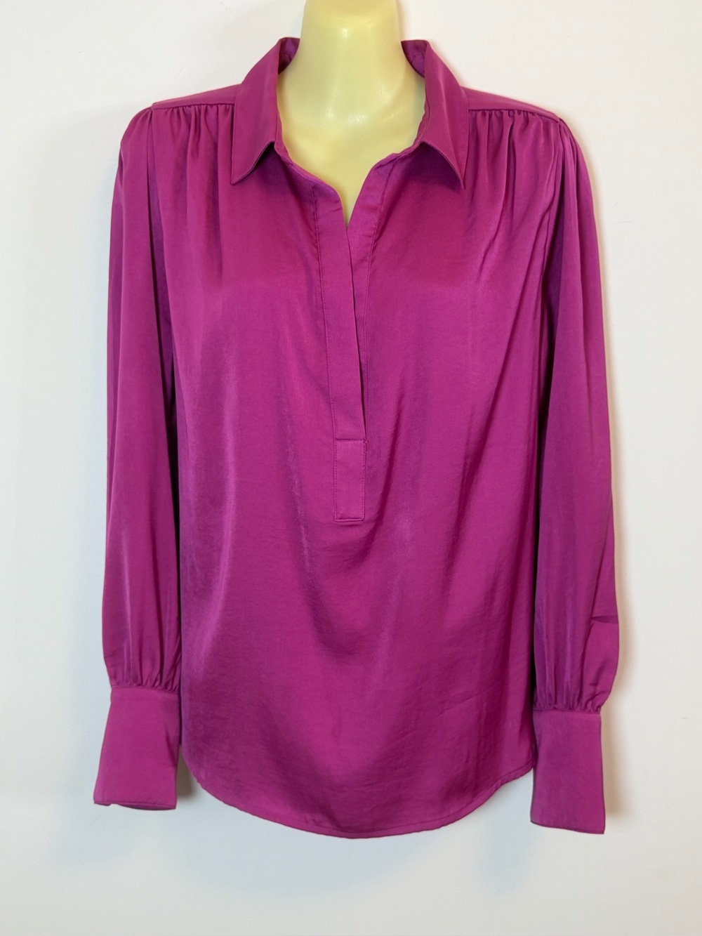 Banana Republic Silky Magenta Long-Sleeve Split-Neck Blouse
